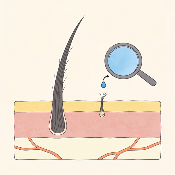 Illustratie van een doorsnede van de hoofdhuid met een grote en een kleine haarwortel, een druppel boven de kleine wortel en een vergrootglas ernaast