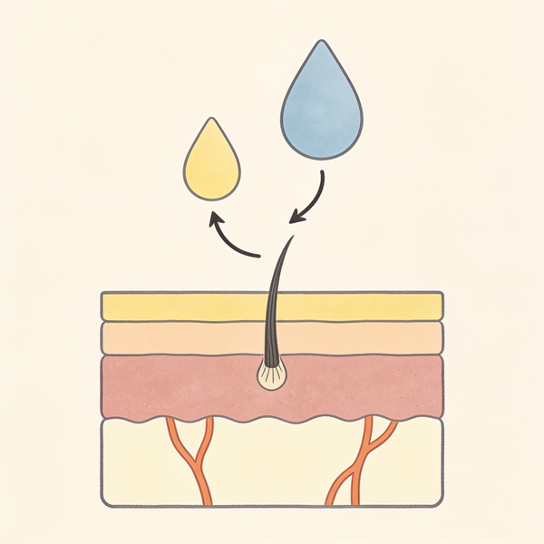Illustratie van een doorsnede van de hoofdhuid met een haarwortel en daarboven een kleine gele en een grote blauwgrijze druppel met pijlen