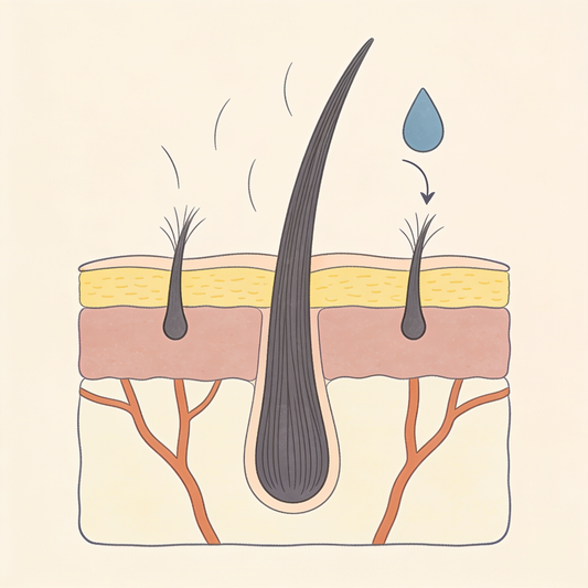 Illustratie van een doorsnede van de hoofdhuid met een sterke haarwortel in het midden en twee kleine wortels ernaast waar haren uitvallen