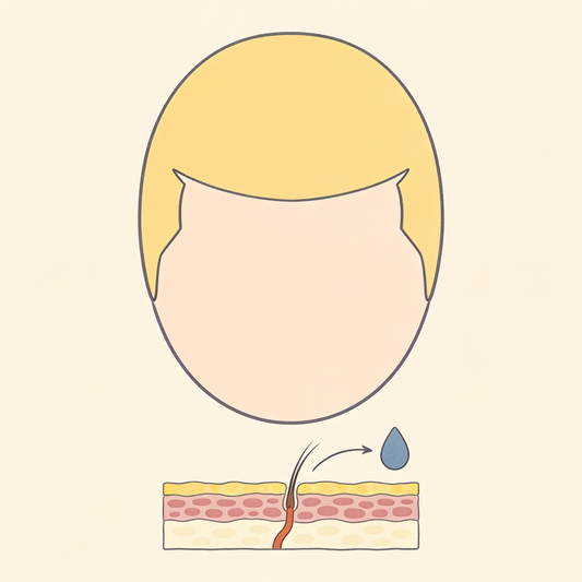 Illustratie van een hoofd van bovenaf met inhammen bij de slapen en daaronder een strookje doorsnede van de hoofdhuid met een haarwortel en een druppel
