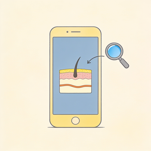 Illustratie van een smartphone met een doorsnede van de hoofdhuid op het scherm en een vergrootglas ernaast