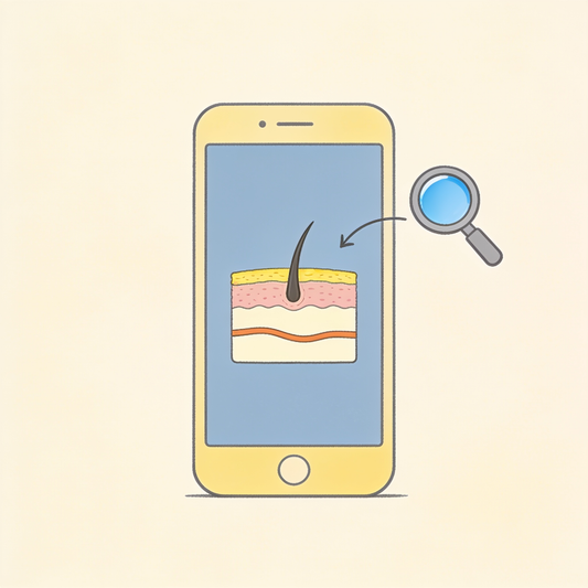 Illustratie van een smartphone met een doorsnede van de hoofdhuid op het scherm en een vergrootglas ernaast