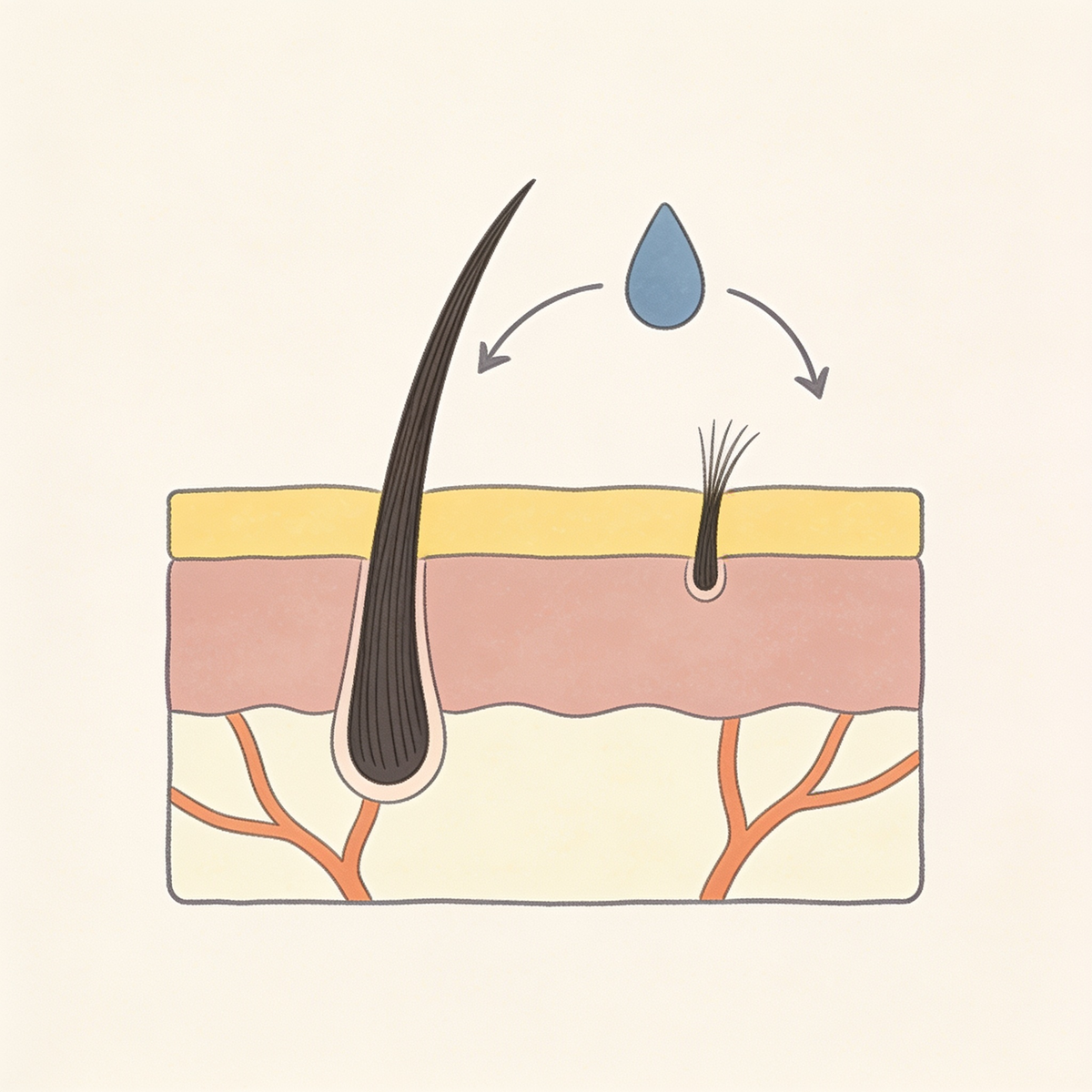 Illustratie van een doorsnede van de hoofdhuid met een gezonde en een verkleinde haarwortel, met een druppel en pijlen naar beide wortels