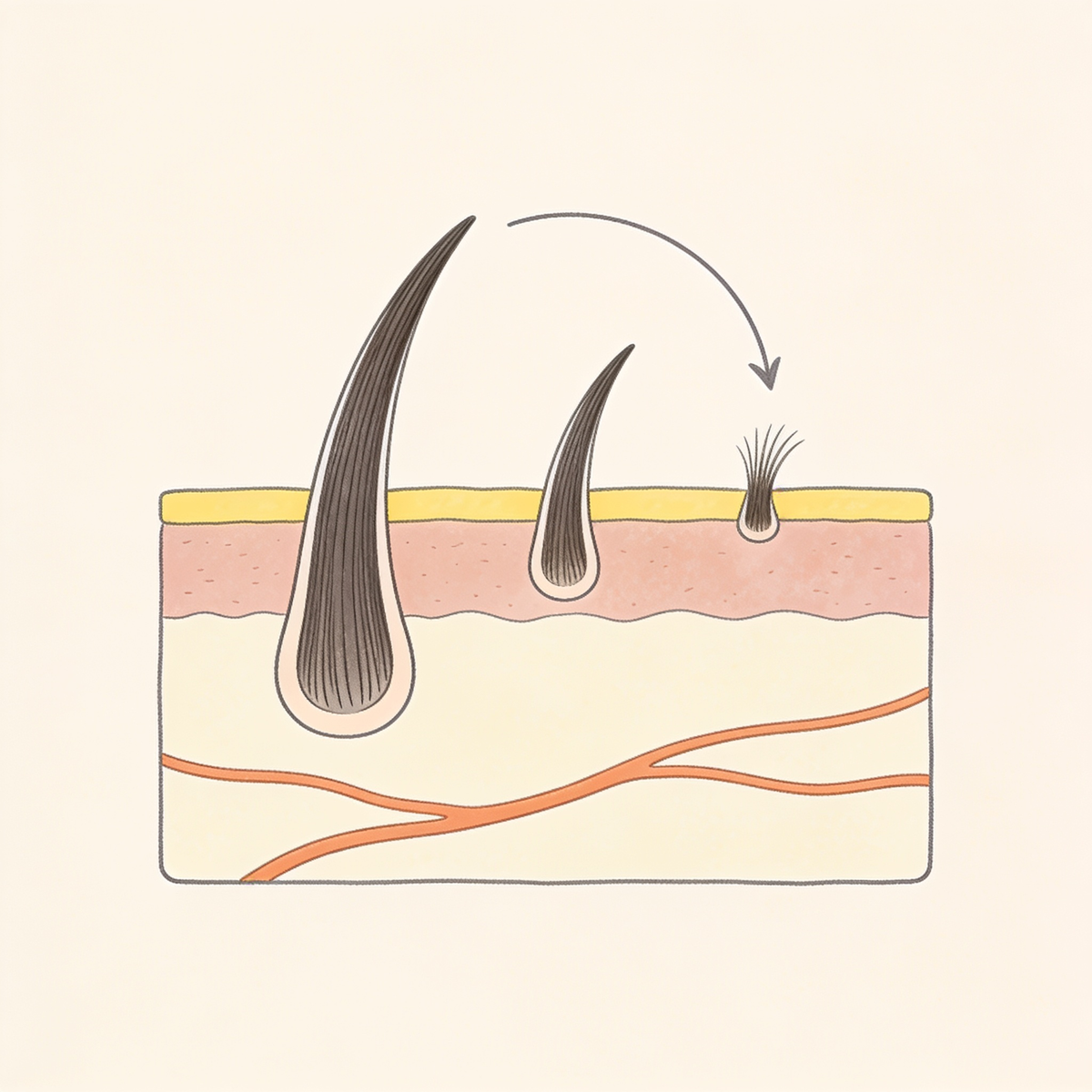 Illustratie van een doorsnede van de hoofdhuid met drie haarwortels die stapsgewijs kleiner worden, met een gebogen pijl terug naar de grote wortel