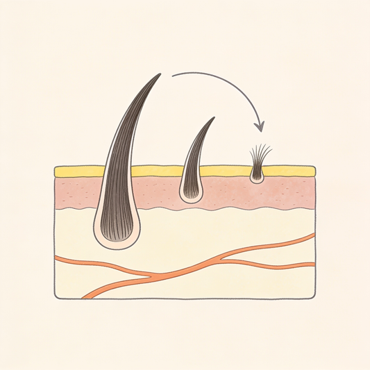 Illustratie van een doorsnede van de hoofdhuid met drie haarwortels die stapsgewijs kleiner worden, met een gebogen pijl terug naar de grote wortel